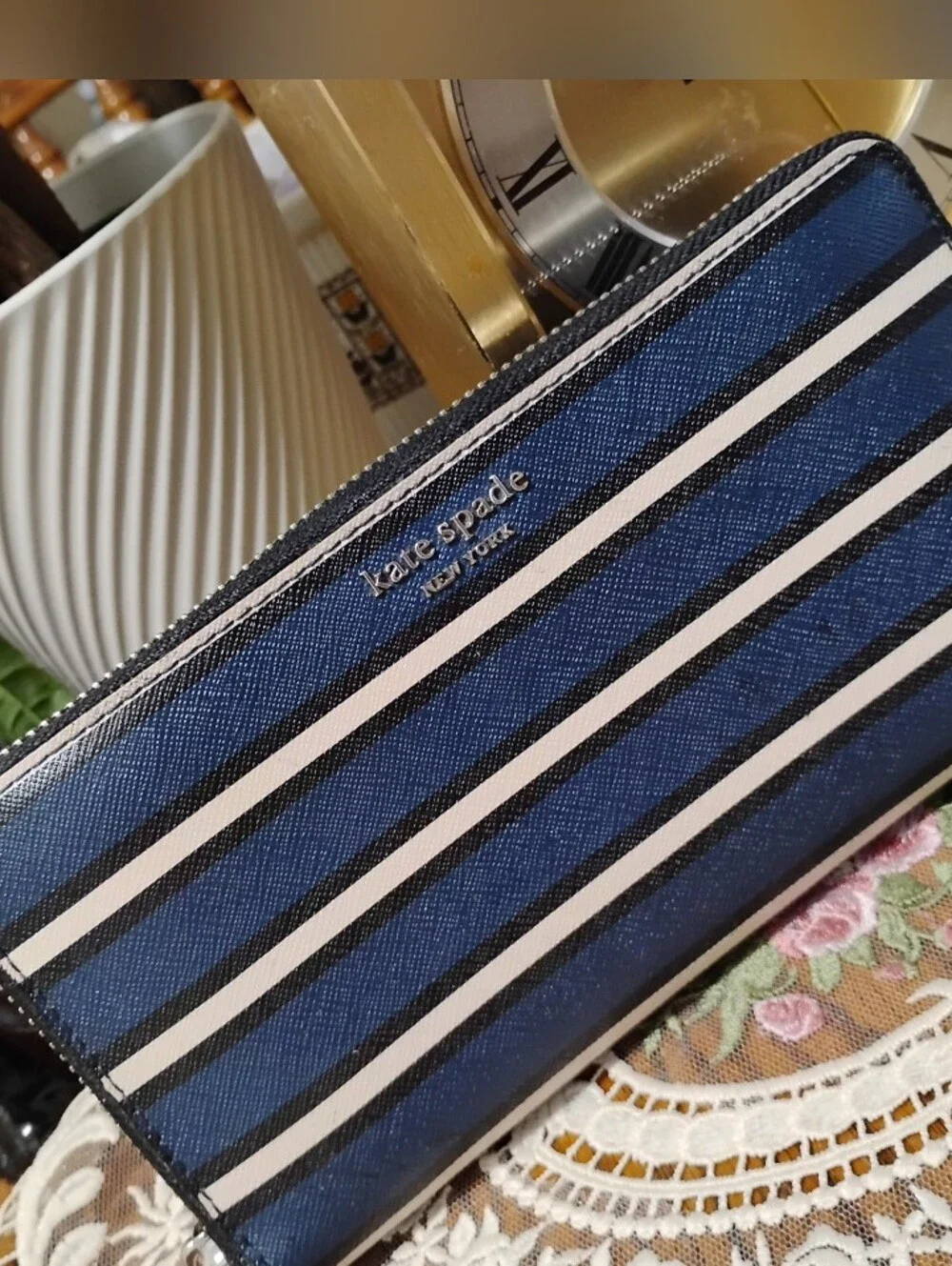 Kate Spade Navy, White & Black Striped Zip Around Clutch Wallet